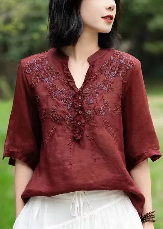 Unique Mulberry V Neck Embroidered Patchwork Linen T Shirts Half Sleeve