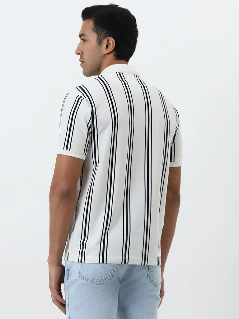 WES Casuals White Striped Relaxed-Fit Polo T-Shirt