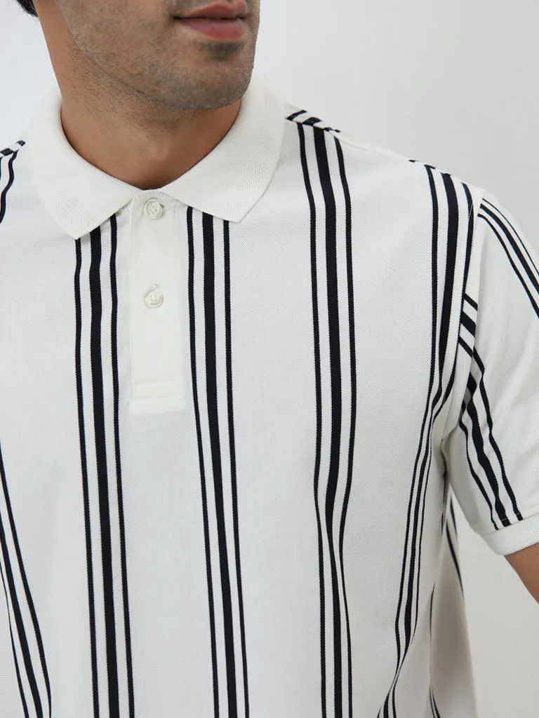 WES Casuals White Striped Relaxed-Fit Polo T-Shirt