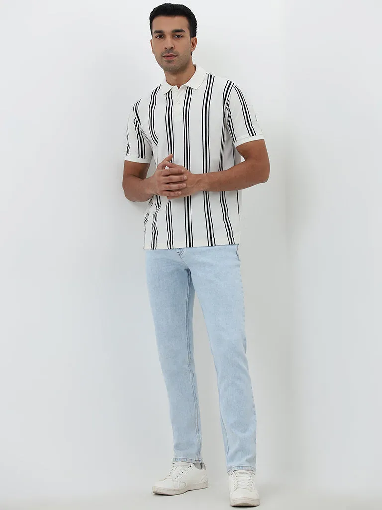 WES Casuals White Striped Relaxed-Fit Polo T-Shirt