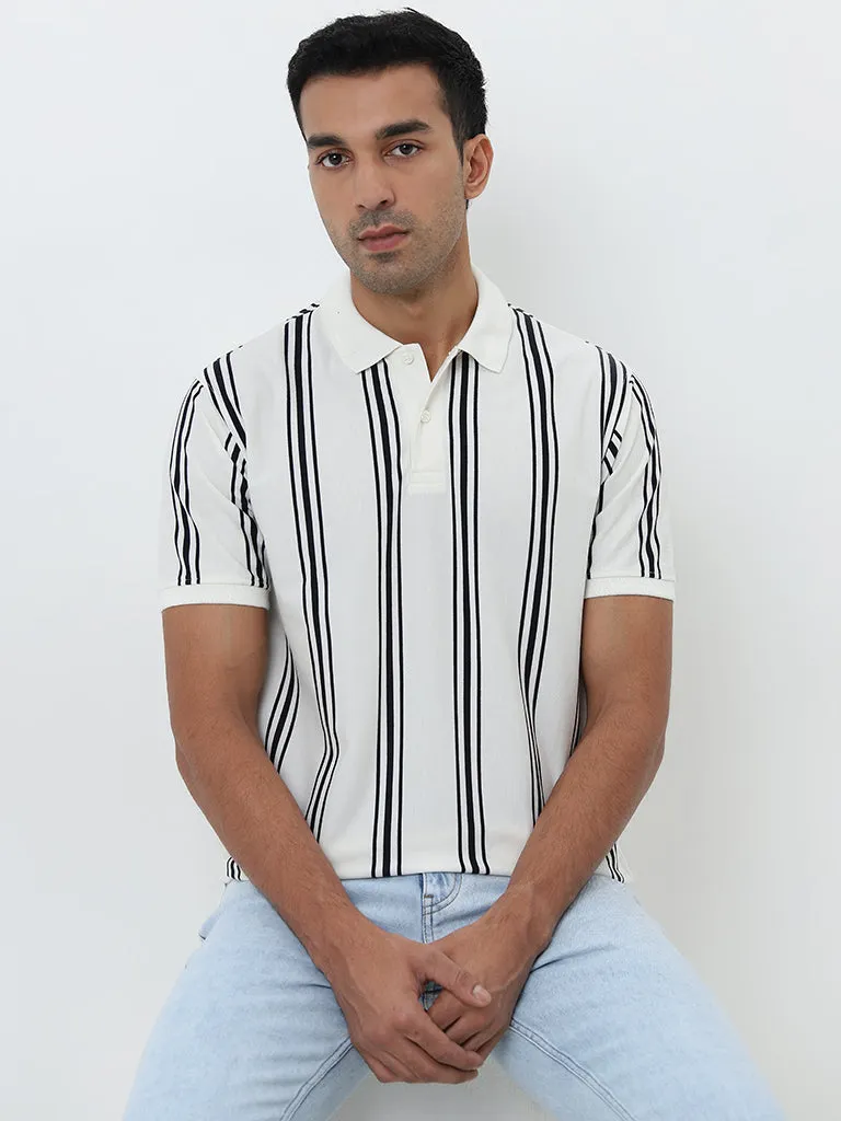 WES Casuals White Striped Relaxed-Fit Polo T-Shirt