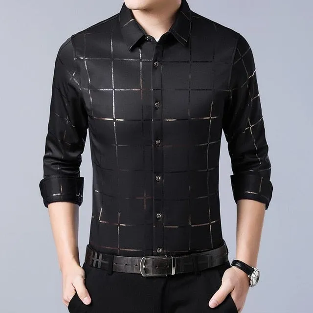 West Louis™ Brand Luxury Plaid Long Sleeve Slim Fit Dress Shirt