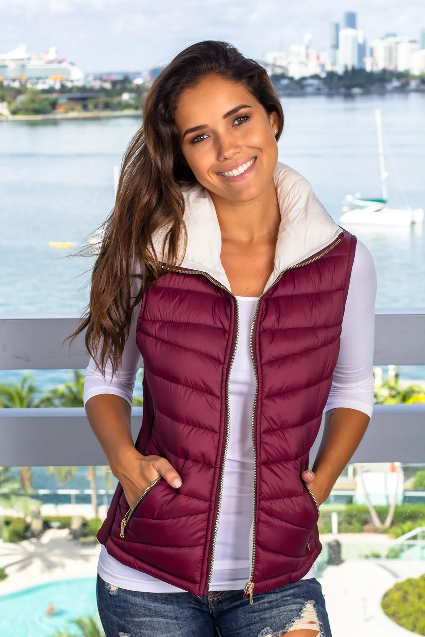 Wine and Ivory Reversible Puffer Vest