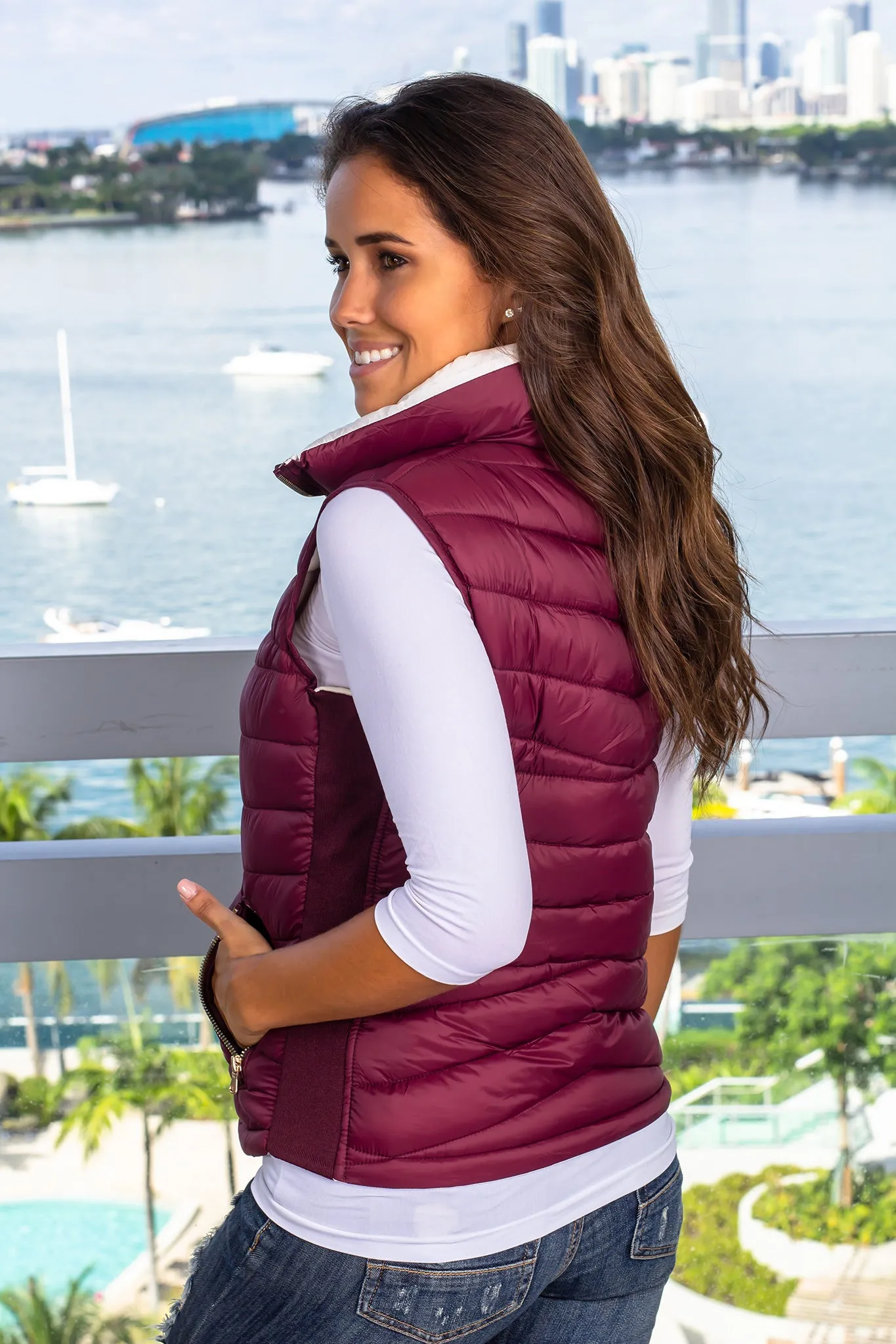 Wine and Ivory Reversible Puffer Vest