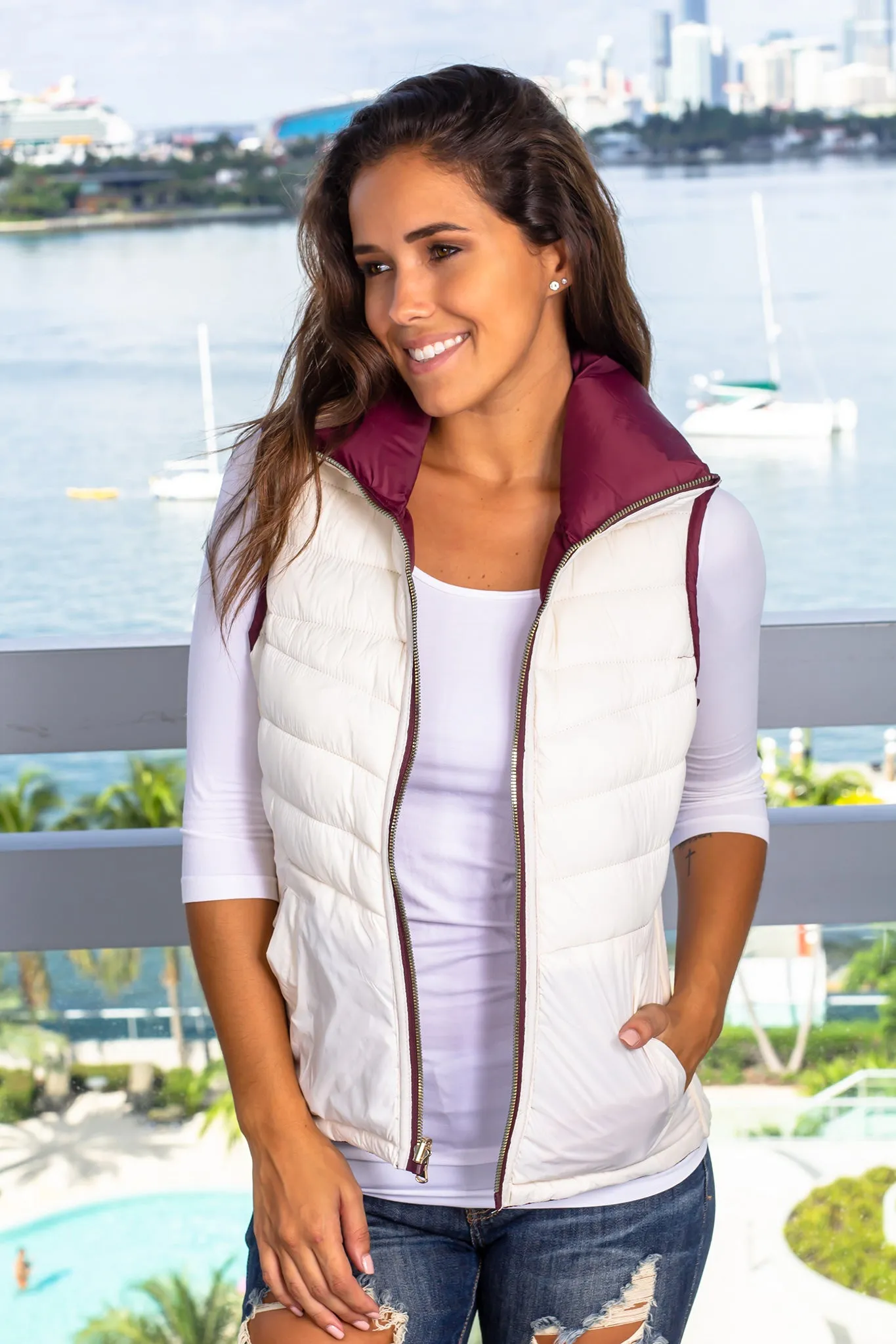 Wine and Ivory Reversible Puffer Vest