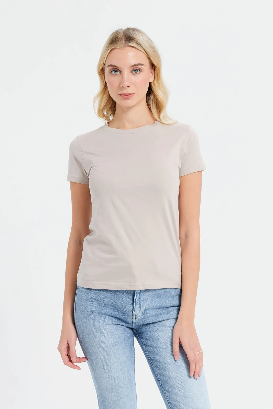 Women Beige Short Sleeve Crew Neck T-Shirt