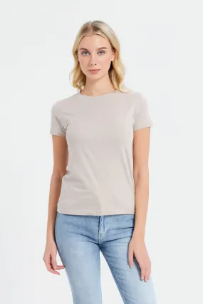 Women Beige Short Sleeve Crew Neck T-Shirt