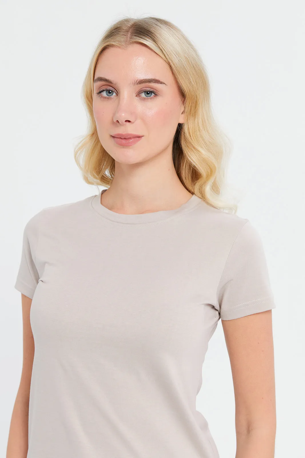 Women Beige Short Sleeve Crew Neck T-Shirt