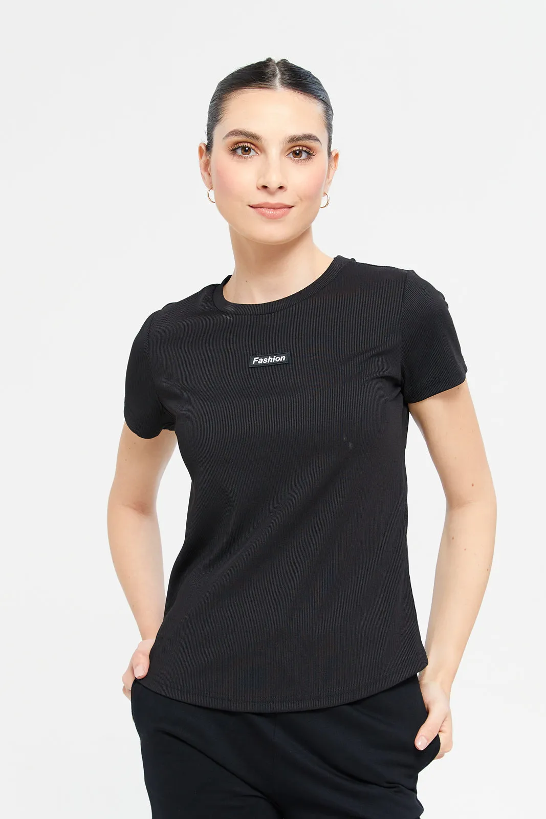 Women Black Plain Rib T- Shirt