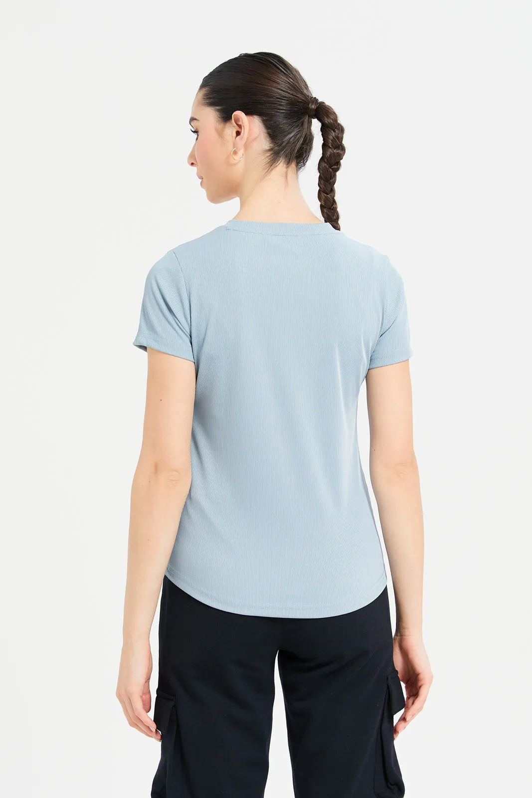 Women Blue Plain Rib T-Shirt