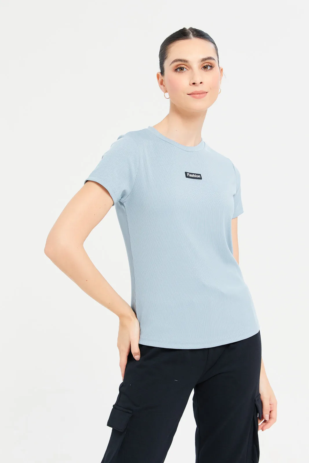 Women Blue Plain Rib T-Shirt