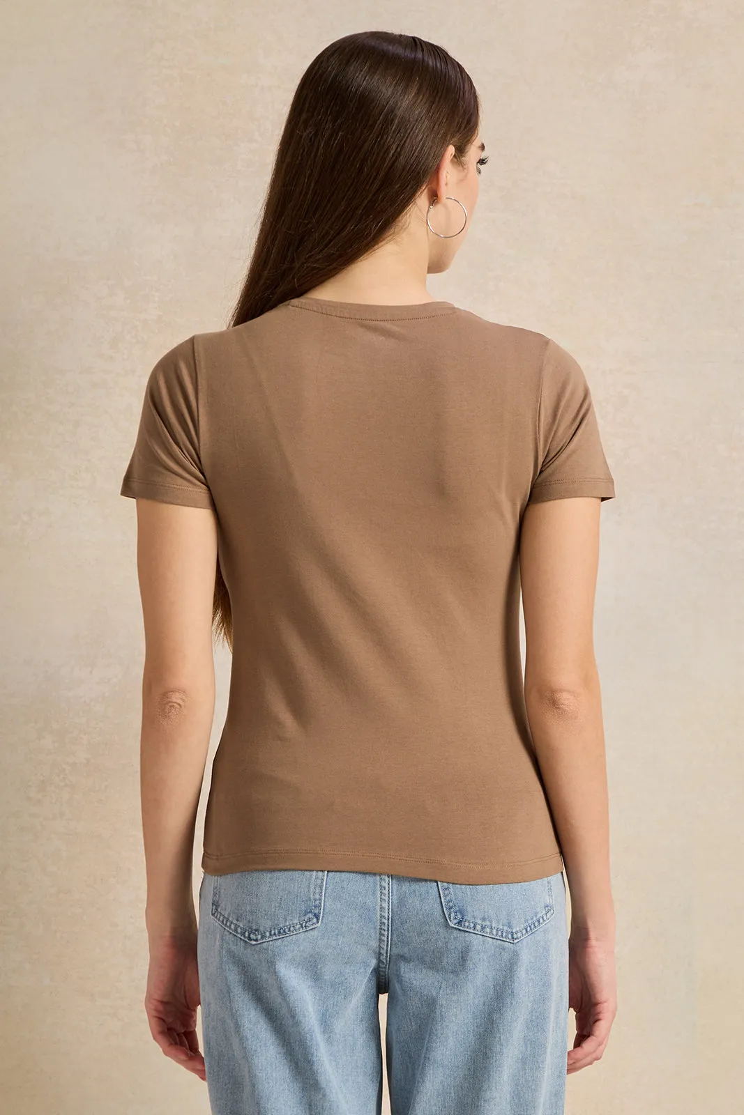 Women Brown Basic Crew Neck T-Shirt