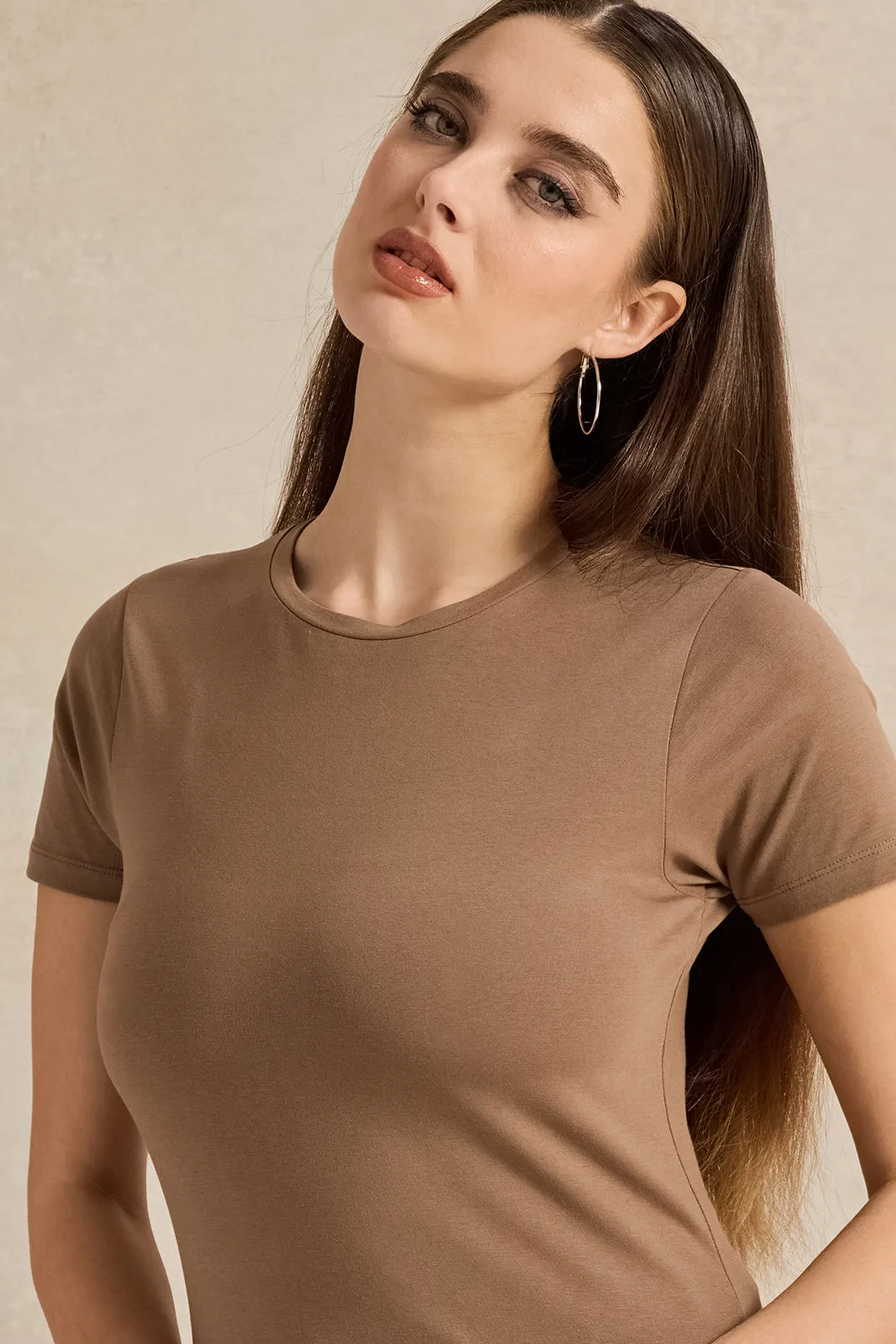 Women Brown Basic Crew Neck T-Shirt