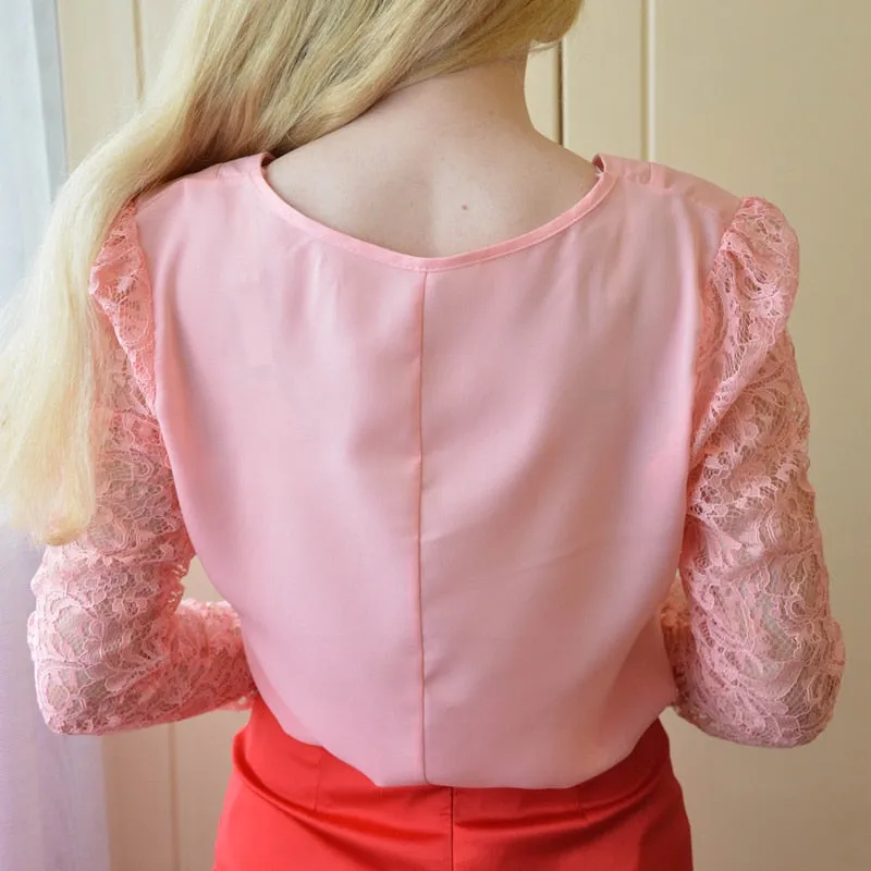 Women V-neck Lace Hollow Out Blouse Patchwork Long Sleeve