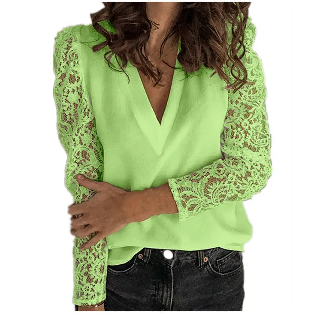 Women V-neck Lace Hollow Out Blouse Patchwork Long Sleeve