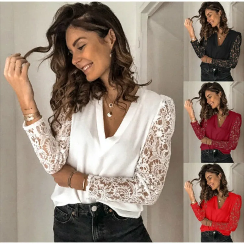 Women V-neck Lace Hollow Out Blouse Patchwork Long Sleeve