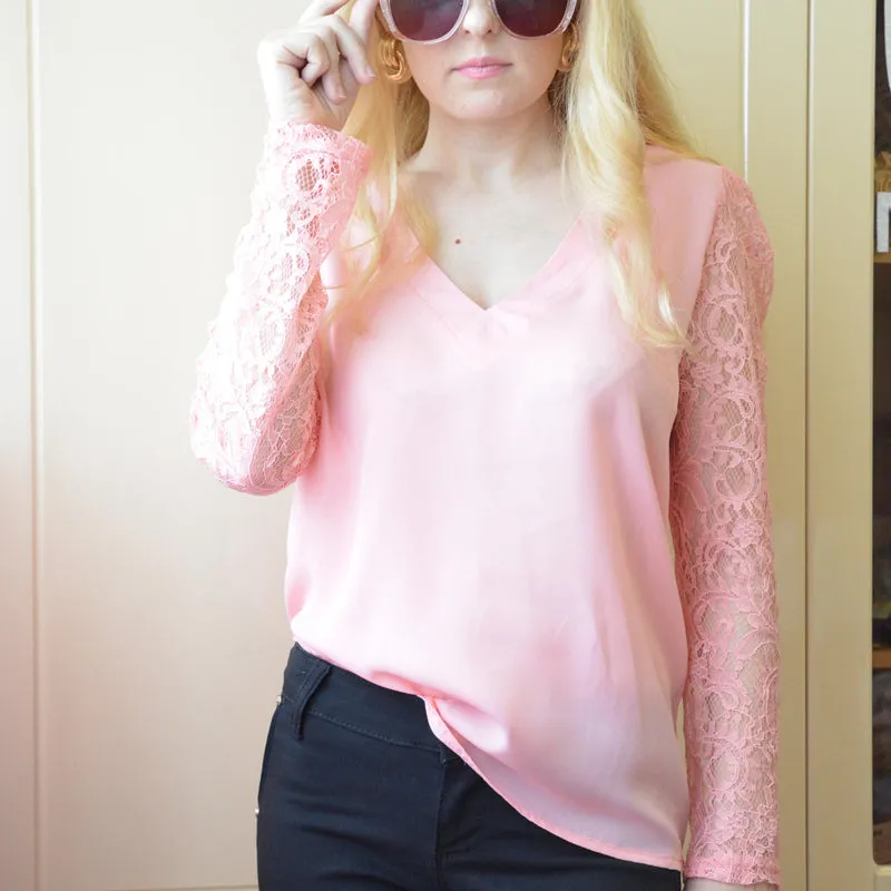 Women V-neck Lace Hollow Out Blouse Patchwork Long Sleeve