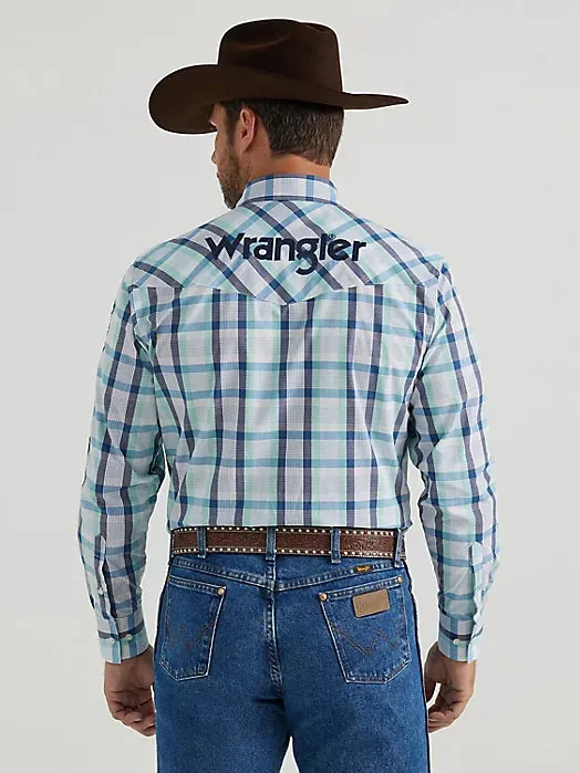 Wrangler Men's Logo Long Sleeve Western Button Down Shirt in Lark Plaid